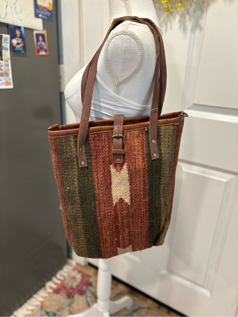 Raj Woven Aztec Stripe Tote Bag in Brown and Olive NWT